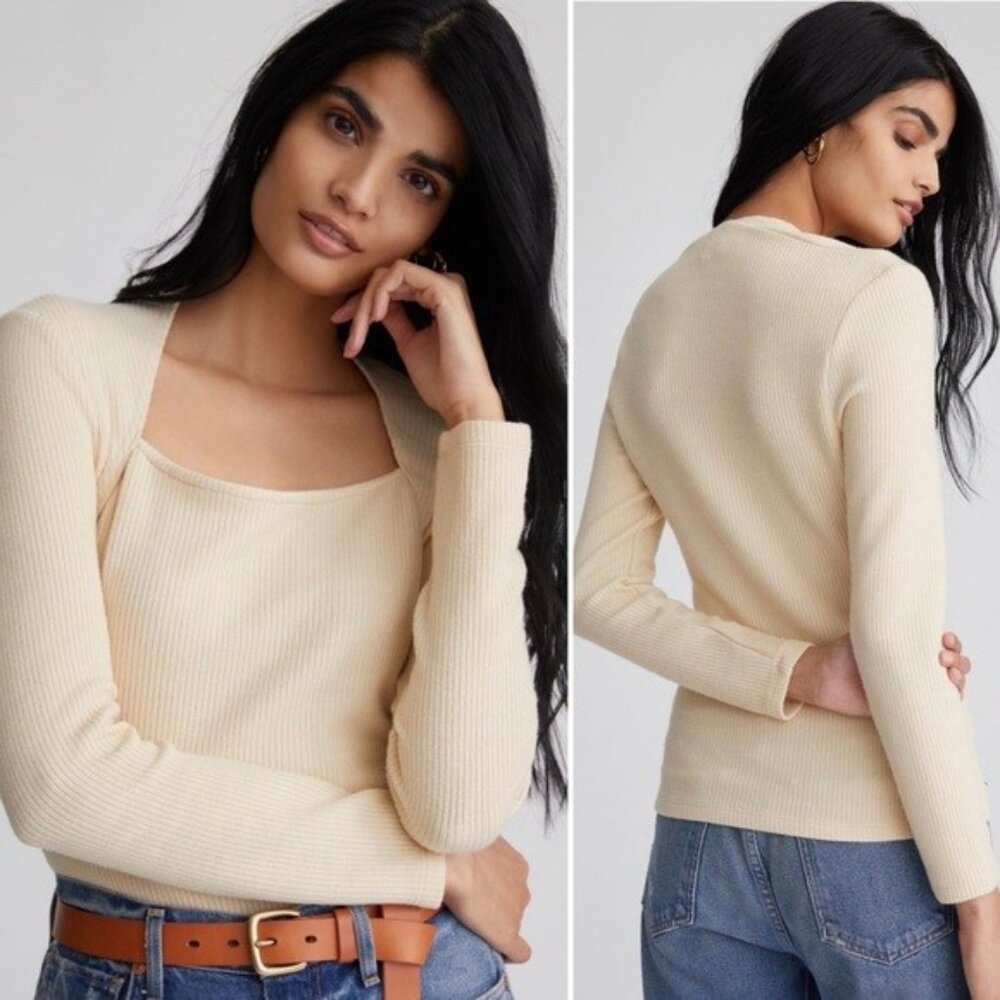 Anthropologie Cream Ribbed Square-Neck Long-Sleeve Top